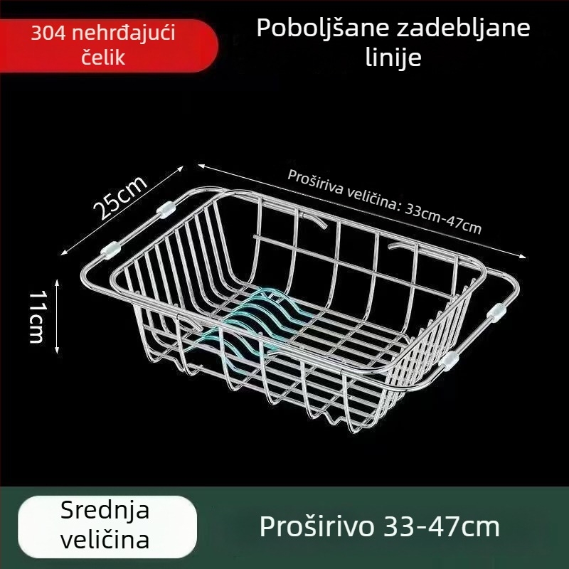 Proširivi stalak za sudoper od nehrđajućeg čelika s košarom za odvod posuđa