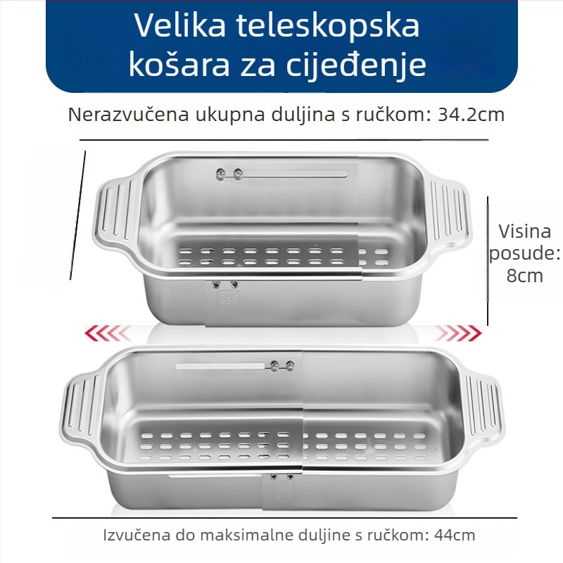 Teleskopski odvodni koš od nehrđajućeg čelika 304 za sudoperu, držač za posuđe i pribor, organizator sudopera