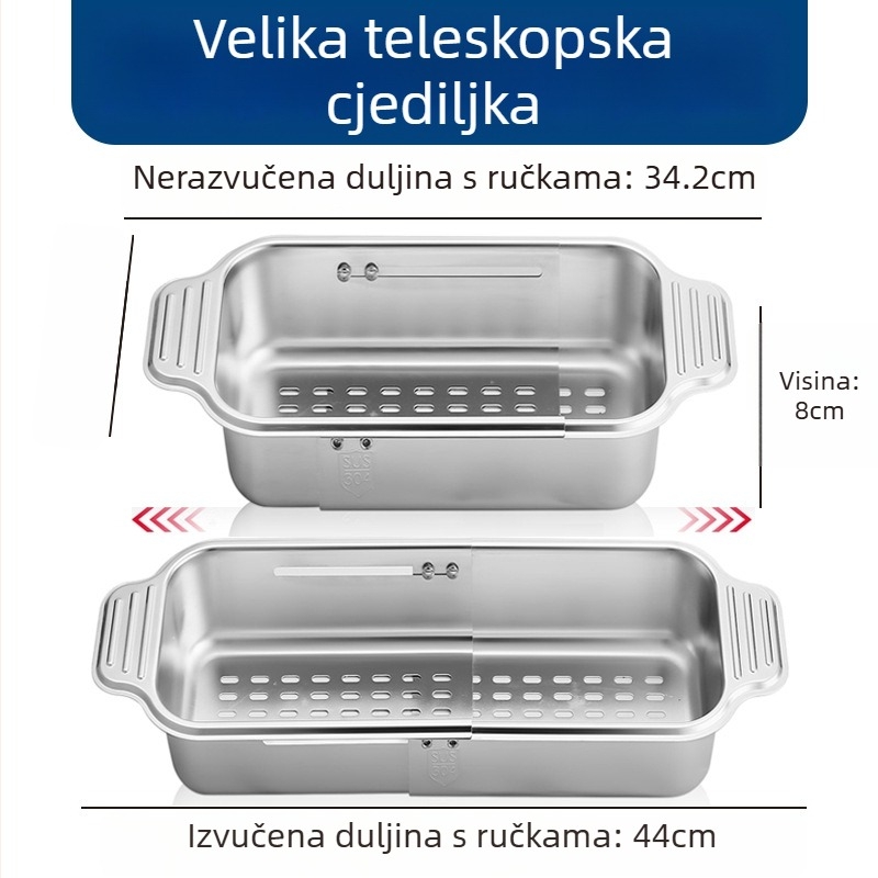 Teleskopski odvodni koš od nehrđajućeg čelika 304 za sudoperu, držač za posuđe i pribor, organizator sudopera