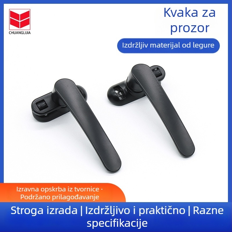 Crna kvaka za prozor od cinkovog legura, debela i čvrsta za klizne prozore, spojni mehanizam