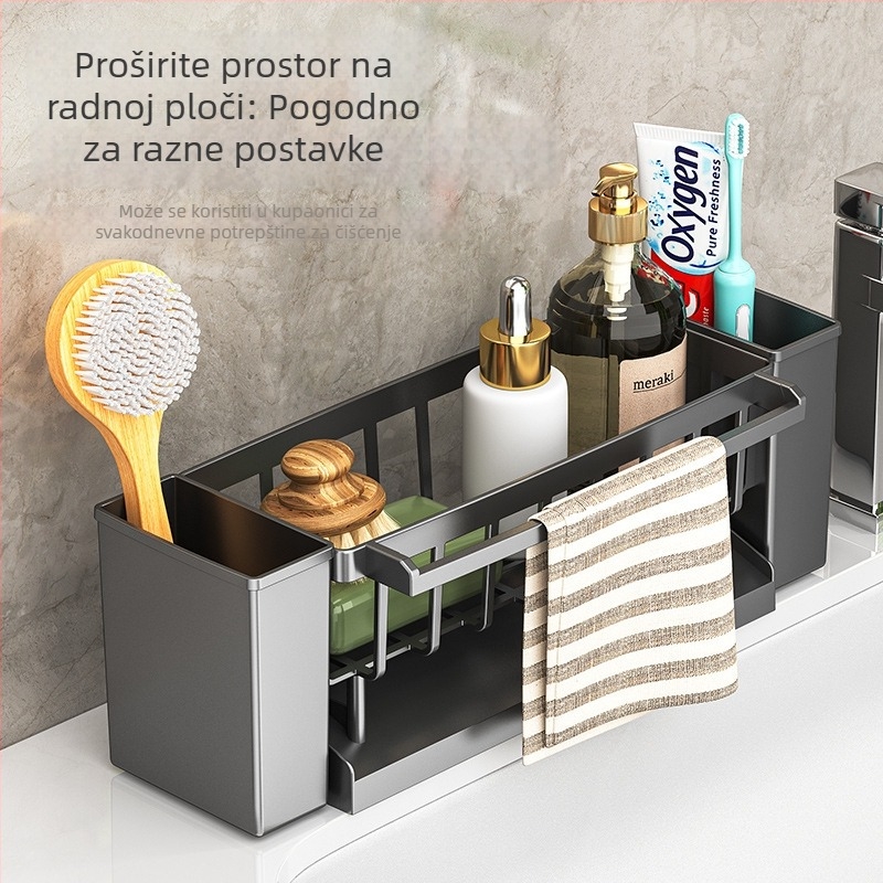 Kuhinjski organizator za sudoperu s odvodnim stalkom, košom za odvod i prostorom za spužvu i tekući sapun