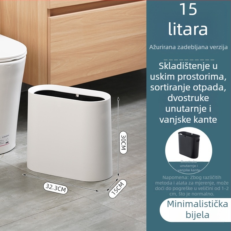 Kantica za smeće velikog kapaciteta za kuću i hotele, bez poklopca, ovalnog oblika, dvostruki sloj s uskim prazninama, 12 L ili više