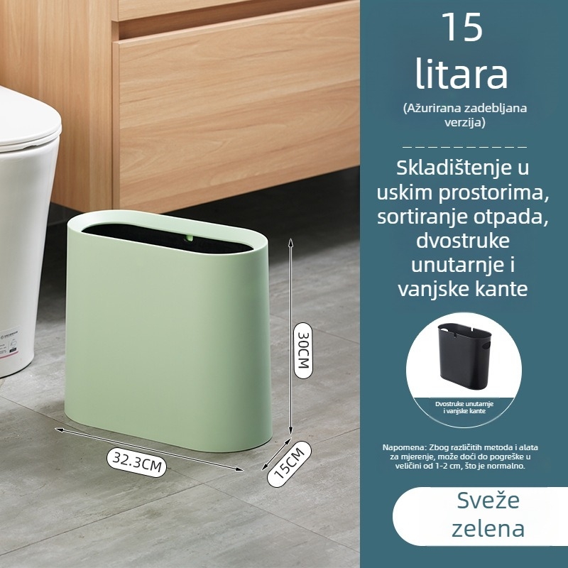 Kantica za smeće velikog kapaciteta za kuću i hotele, bez poklopca, ovalnog oblika, dvostruki sloj s uskim prazninama, 12 L ili više