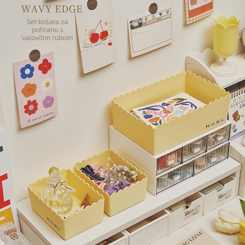 Kremasto-stil desktop organizer za kozmetiku i njegu kože, plastični PP, velike i male veličine, bez poklopca, moderni minimalistički stil, 700 ml-2100 ml
