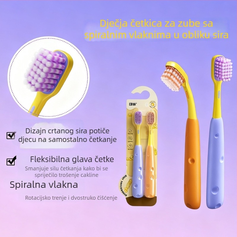 Dječja četkica za zube s dizajnom sira, paket od 2 komada, spiralna ručka s protivkliznim dizajnom, mekana vlakna, za djecu 6–12 godina