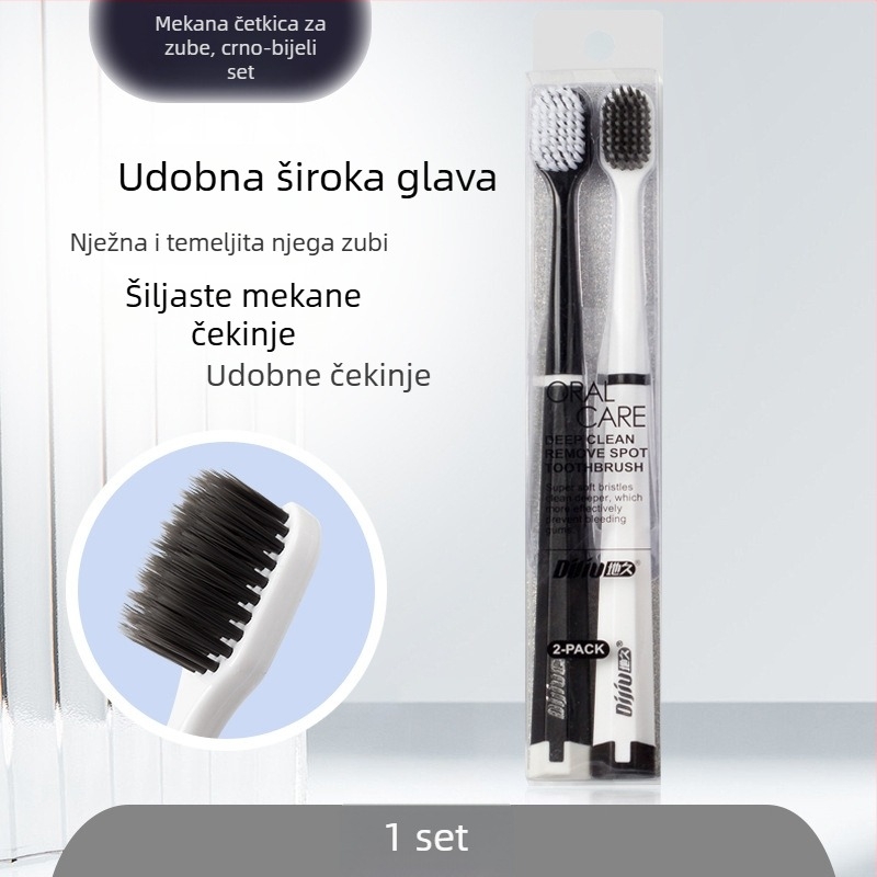 Zubne četkice s mekim vlaknima, kompaktna glava, ergonomska drška, za parove, crno-bijele, dvostruko pakiranje, pojedinačno zapakirane