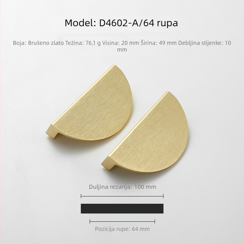 Polukružna ručka od aluminijske legure, brušena zlatna završnica, europski stil, moderni minimalistički kupaonski ormar vrata, 64 otvora