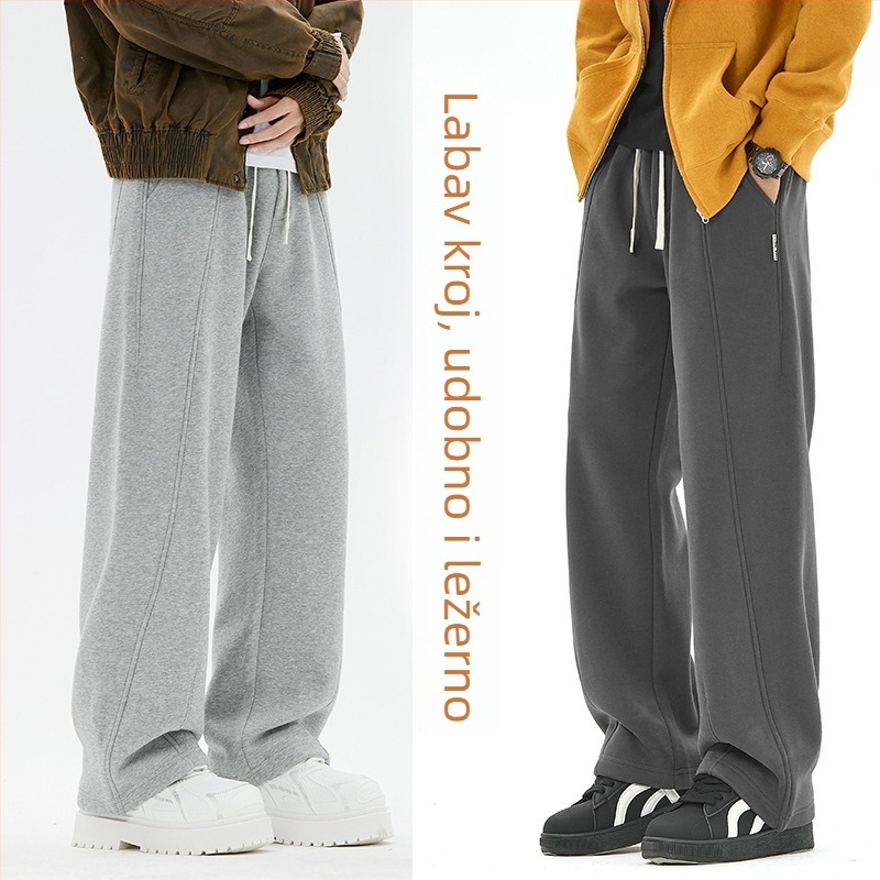 Muške hlače ravnog kroja za jesen-zimu, širokih nogavica, s flis podstavom, casual sportske hlače