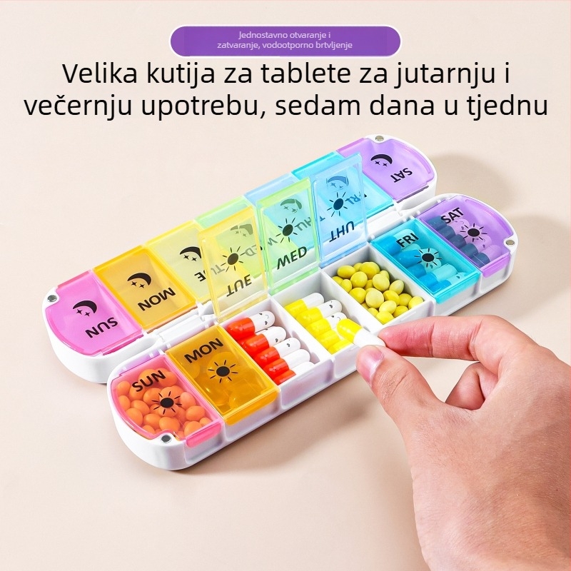 Prijenosna dvoredna kutija za tablete, 14 pretinaca, šarene boje, tjedni organizator lijekova