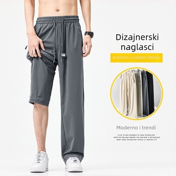 Muške ljetne sportske hlače od ledenog svile, tanke, opuštene krojenje, ravni kroj, široke nogavice, brzo suše