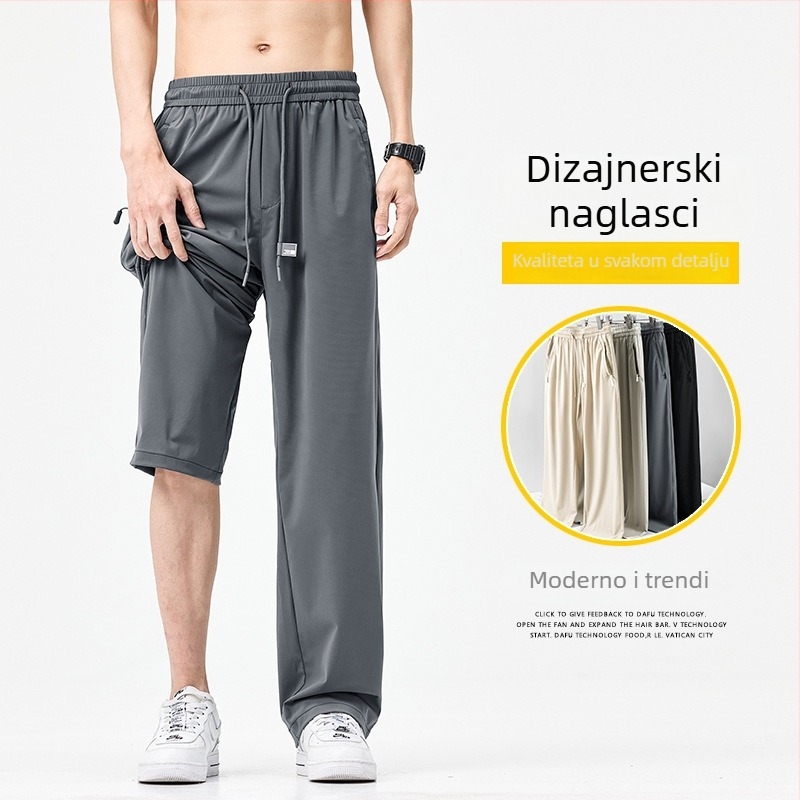 Muške ljetne sportske hlače od ledenog svile, tanke, opuštene krojenje, ravni kroj, široke nogavice, brzo suše