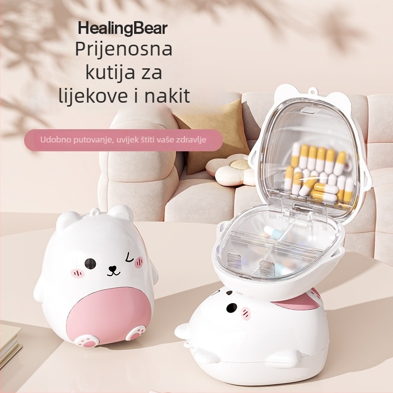 Mini prijenosna kutija za lijekove s likom medvjedića, kutija za nakit, pet odjeljaka sa zatvaračem, za putovanja