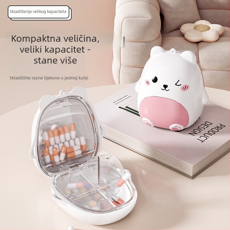 Mini prijenosna kutija za lijekove s likom medvjedića, kutija za nakit, pet odjeljaka sa zatvaračem, za putovanja