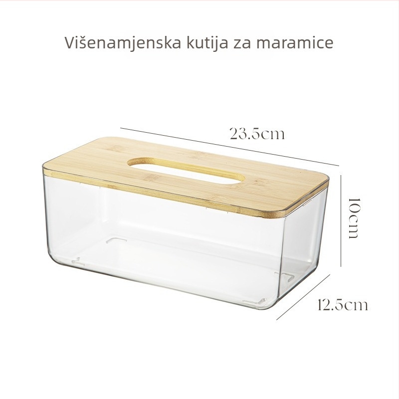 Prozirna kutija za papirnate ubruse s poklopcem od bambusa, za kućnu upotrebu, dnevni boravak, lijevi bočni pretinac, zaštita od prašine