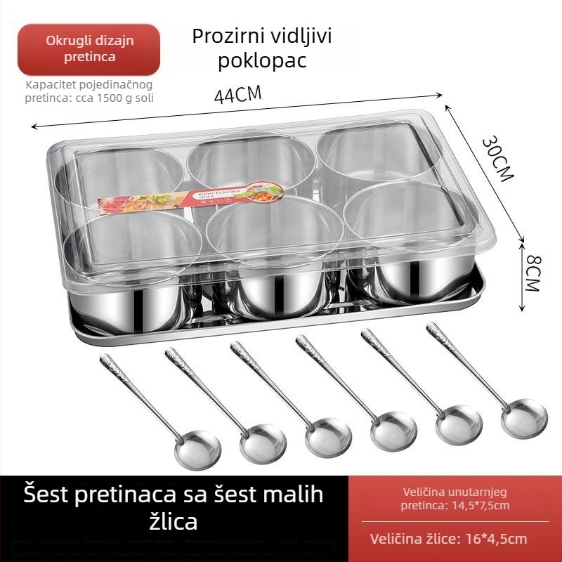 Set posuda za začine od nehrđajućeg čelika s poklopcem, extra veliki, kuhinjski, s osam i šest pretinaca.