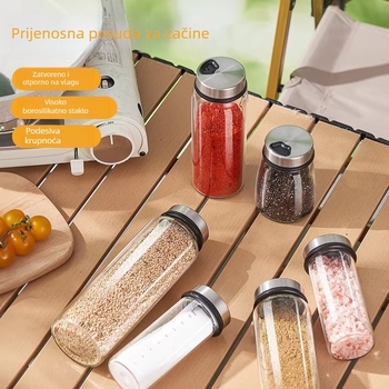 Prenosni stakleni set posuda za začine za kuhinju i kampiranje — solnička i bočice za začine, minimalistički dizajn