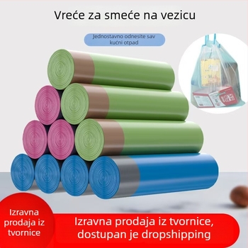 15 komada po rolni, crne vrećice za smeće s vezicom, kućna upotreba, standardne veličine, mala rolna, automatsko zatvaranje