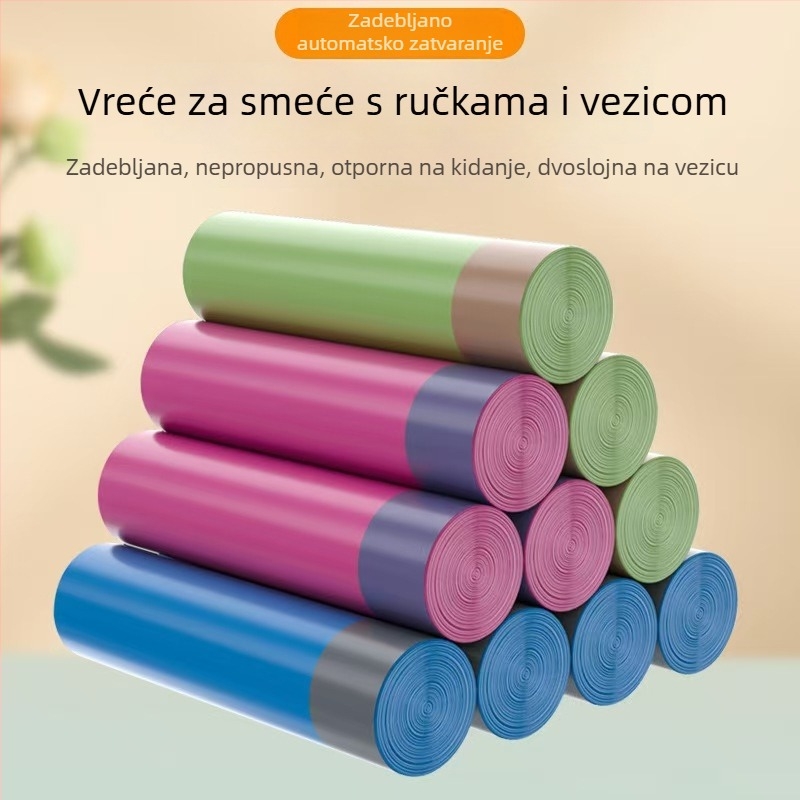 15 komada po rolni, crne vrećice za smeće s vezicom, kućna upotreba, standardne veličine, mala rolna, automatsko zatvaranje