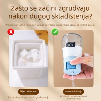 Stakleni kuhinjski dozator za začine s pritisknim spremnikom za sol i zatvorenim spremnikom za začine