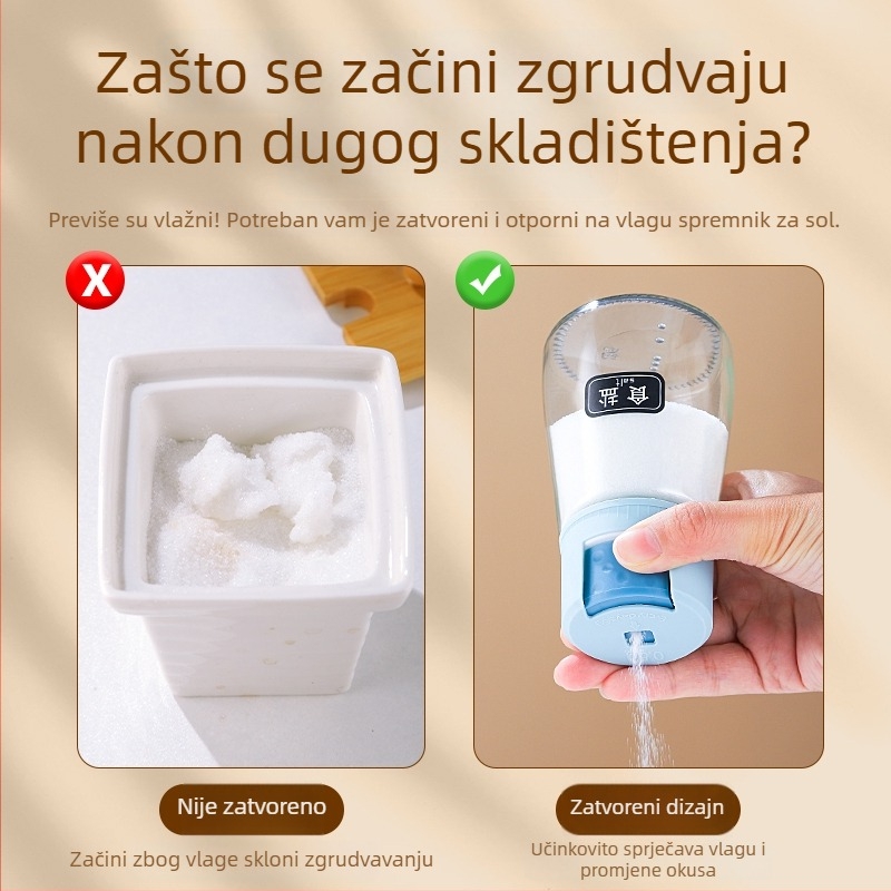 Stakleni kuhinjski dozator za začine s pritisknim spremnikom za sol i zatvorenim spremnikom za začine