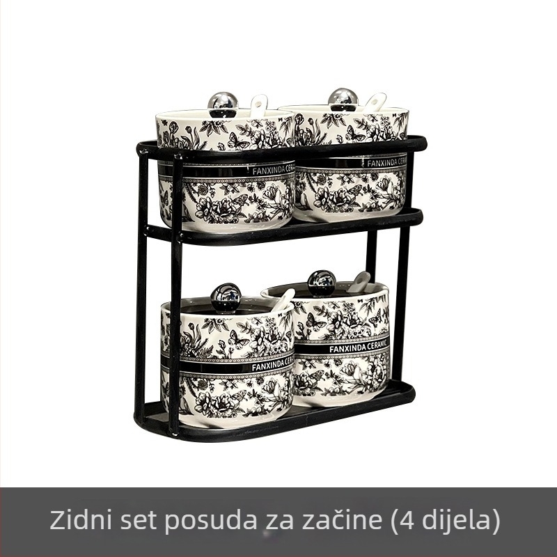 Keramički set posuda za začine u skandinavskom stilu s motivom leptira i cvijeta, zidni držač kuhinjske pohrane