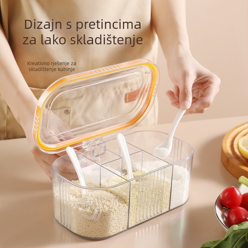 Kućna kutija za začine s brtvom i otpornom na vlagu, set začina sa solnom posudom i mernom kapom, kutija s više pretinaca i žličicom