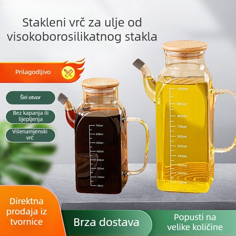 Kuhinjska četverokutna staklena boca za ulje, velika zapremina, pogodna za sojin sos i ocat, sigurno zatvaranje s poklopcem