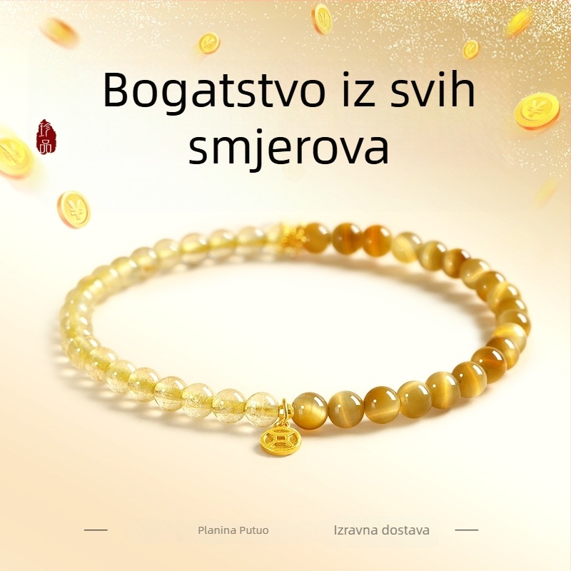 Narukvica od prirodnih kristala s zlatnim kvarcom i tigrovim okom, srebrni nakit S925, unisex