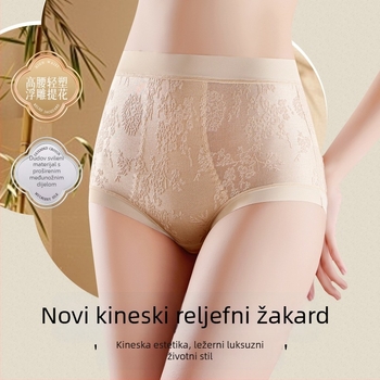 Ženske gaćice visokog struka s reljefnom vezom u kineskom stilu, produženu preponu i potpuno pokrivanje, trokutasti kroj