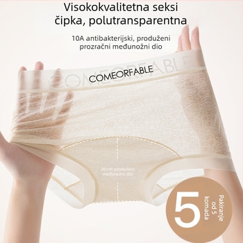 Ženske čipkaste gaćice srednje visine, prozračne od najlona, s motivom slova i produženim preponim dijelom, veličine plus