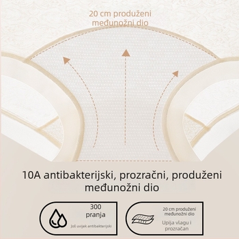 Ženske čipkaste gaćice srednje visine, prozračne od najlona, s motivom slova i produženim preponim dijelom, veličine plus