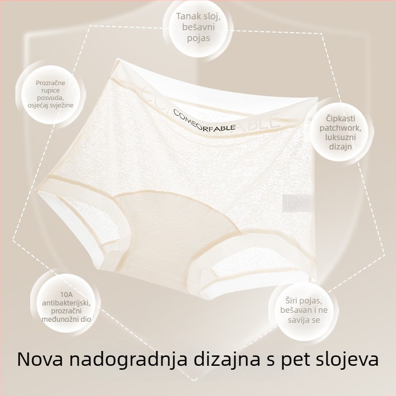 Ženske čipkaste gaćice srednje visine, prozračne od najlona, s motivom slova i produženim preponim dijelom, veličine plus