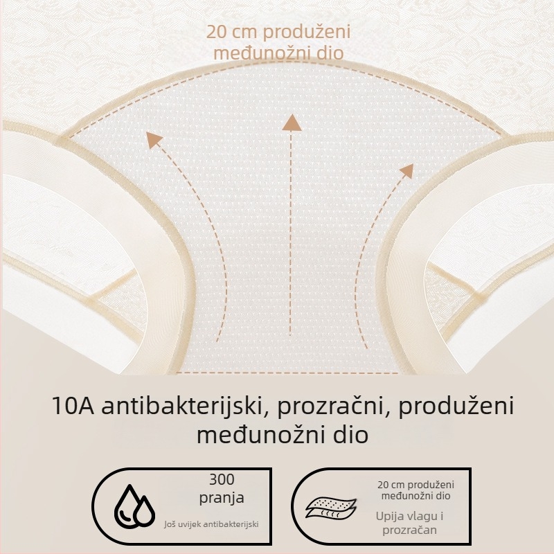Ženske čipkaste gaćice srednje visine, prozračne od najlona, s motivom slova i produženim preponim dijelom, veličine plus
