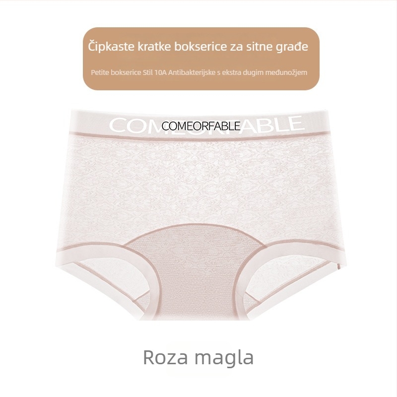 Ženske čipkaste gaćice srednje visine, prozračne od najlona, s motivom slova i produženim preponim dijelom, veličine plus