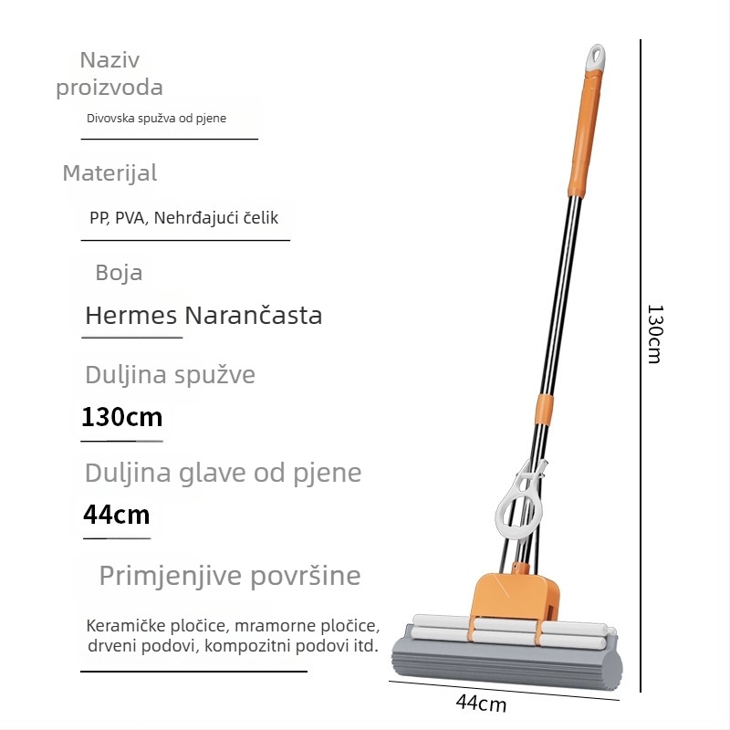 Veliki debeli plastično-pamučni mop sa glavom od spužve za mokro i suho čišćenje, bez ručnog pranja