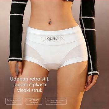 Ženske gaćice visokog struka za kontrolu trbuha, čipkasta mreža Ice Silk, antibakterijske, produženi prepona, plus veličina, lagane