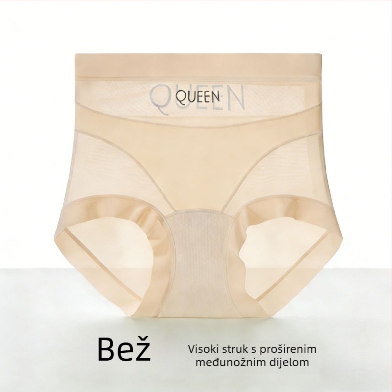 Ženske gaćice visokog struka za kontrolu trbuha, čipkasta mreža Ice Silk, antibakterijske, produženi prepona, plus veličina, lagane
