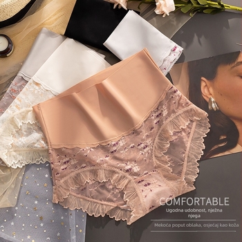 Ženske gaćice s visokim strukom i izvezenim detaljima, prozračna čipka, pamukova podstava u području prepona, tanki Ice Silk materijal