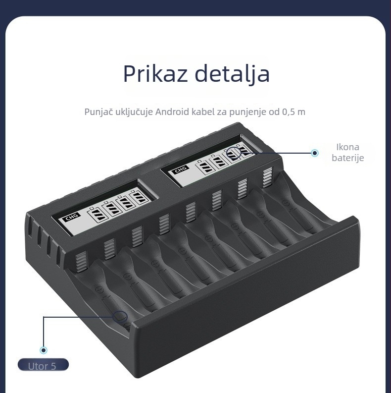 USB LCD inteligentno brzo punjenje s osam pretinaca za AA/AAA litij-ionske baterije