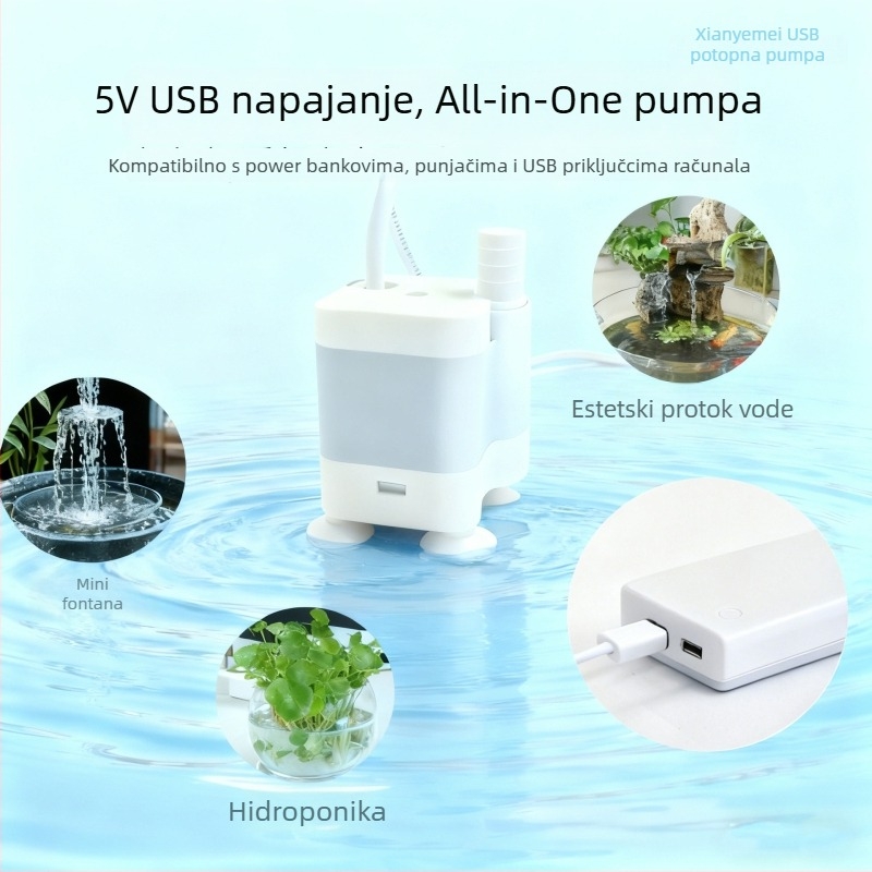 DC mini potopna pumpa za akvarij, USB napajanje, tiho, bočno usisavanje, filtracija i cirkulacija vode