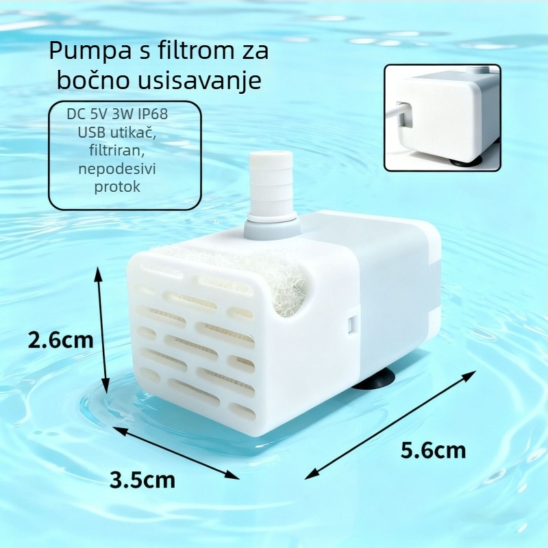 DC mini potopna pumpa za akvarij, USB napajanje, tiho, bočno usisavanje, filtracija i cirkulacija vode