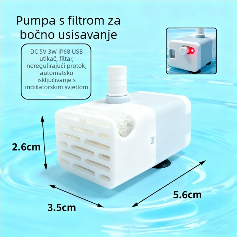 DC mini potopna pumpa za akvarij, USB napajanje, tiho, bočno usisavanje, filtracija i cirkulacija vode