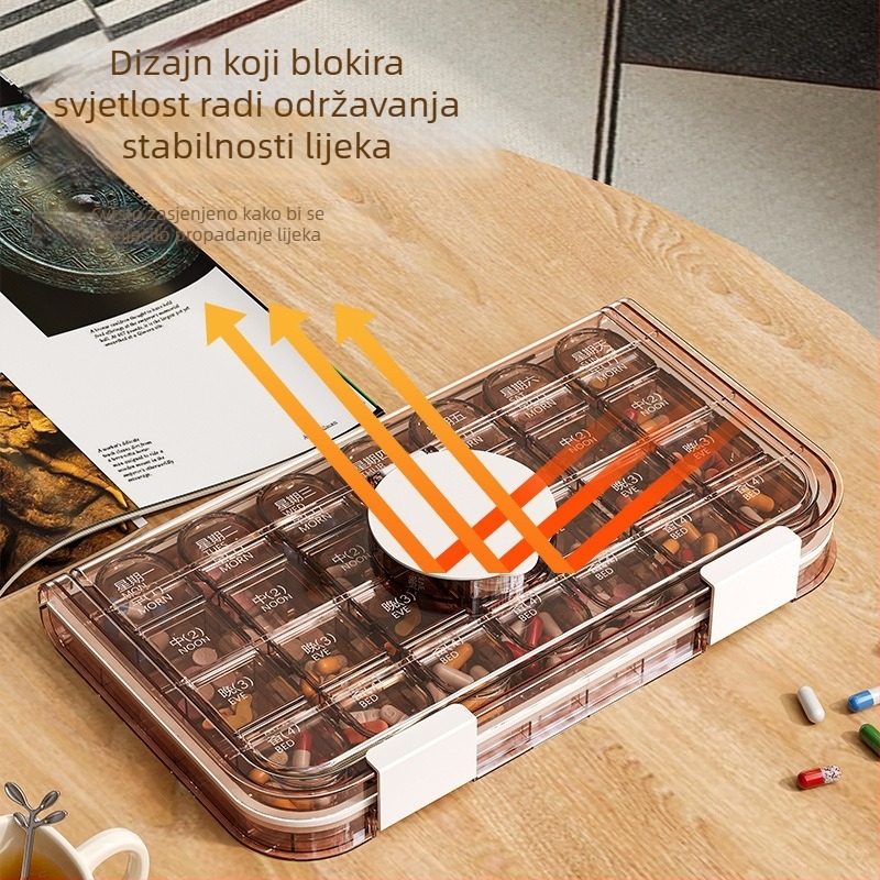 Prijenosni tjedni organizator lijekova sa 7 pretinaca, kompaktna kutija za dnevne doze (tri na dan), za starije osobe, s uređajem za rezanje tableta