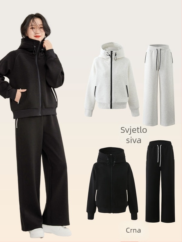 Ženski dvodijelni sportski set: jakna s kapuljom otporna na vjetar i ravne casual hlače u usklađenoj boji