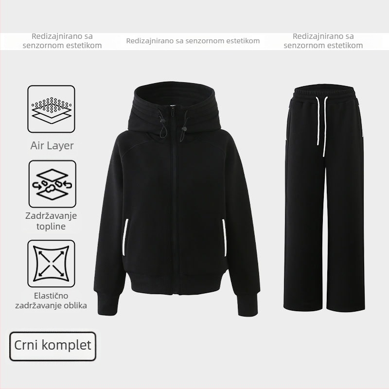 Ženski dvodijelni sportski set: jakna s kapuljom otporna na vjetar i ravne casual hlače u usklađenoj boji