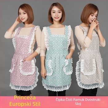 Pregača od 100% pamuka, korejski stil, čipka rub, elegantna ženska kuhinjska pregača, vodootporna i otporna na ulje