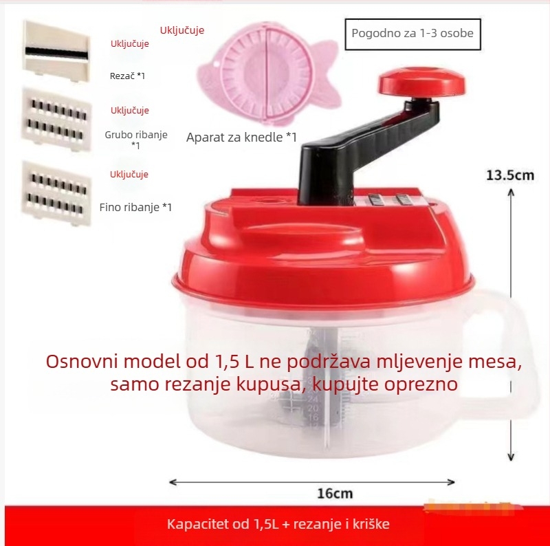 Ručni mlin za meso i sjeckalica povrća – kuhinjski pomoćnik za miješanje, sjeckanje mesa i povrća te pripremu nadjeva za knedle