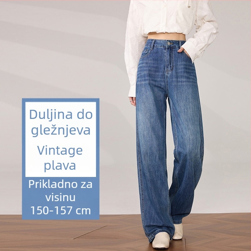 Ženske traperice s retro stilom, široke nogavice, visok pojas, opuštena ravna silueta, dugačke do poda, 2025 proljeće–jesen