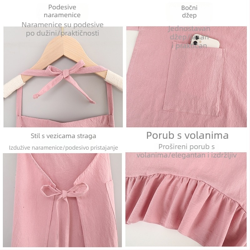 100% pamukova pregača s prozračnim dizajnom, čipka u obliku leptirovog repa, svijetla boja, kuhinjsko i pekarsko radno odijelo.