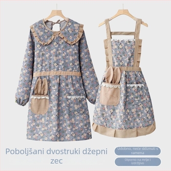 Ženska pregača s dugim rukavima u korejskom stilu, platnena, za kućnu kuhinju, prozračna, otporna na mrlje, sa cvjetnim uzorkom
